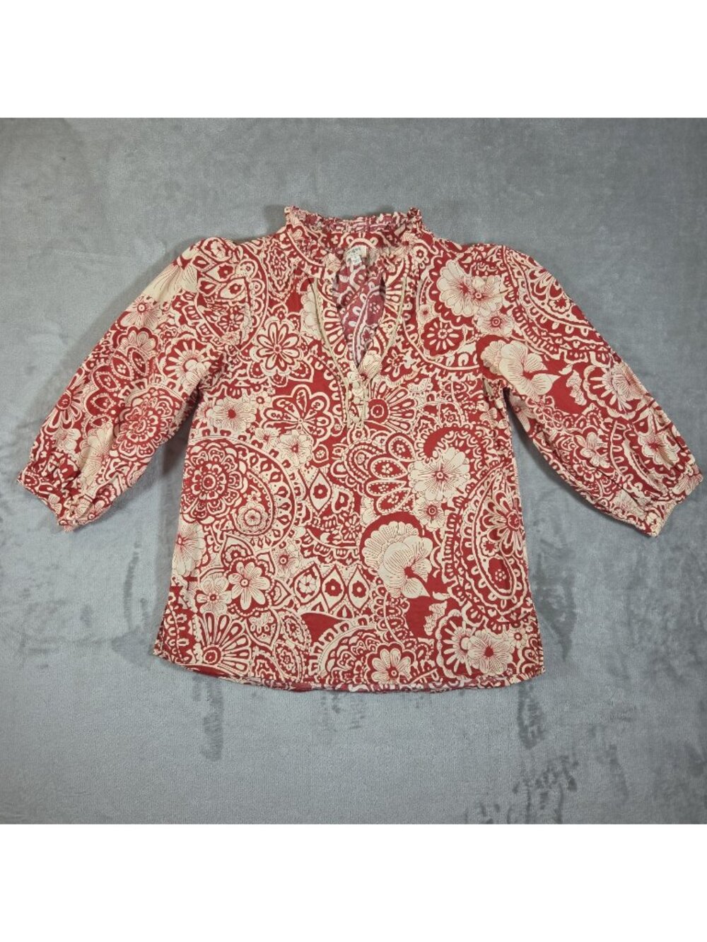 Umgee Boho Blouse Top Mixed Floral Paisley Cotton 3/4 Sleeve Rust Size Small